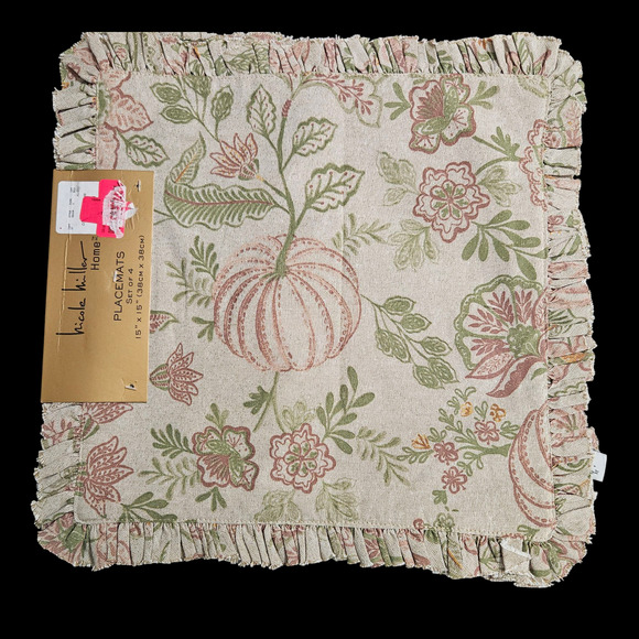 Nicole Miller Home Fall Placemats Set of 4 15”x15” Pumpkin Floral Ruffle Trim - Picture 1 of 4